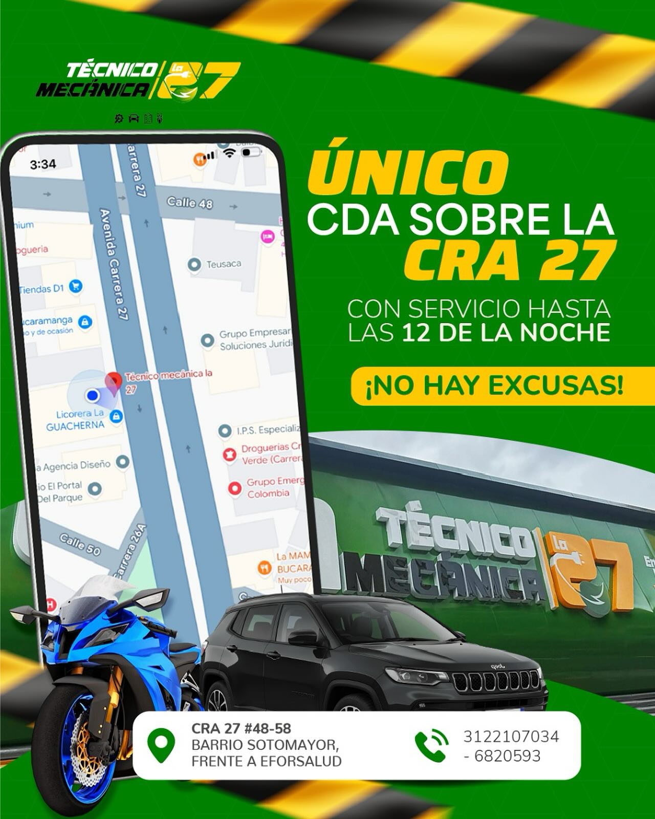 🚘🏍️ ¡Ya no hay excusas!
Somos el único CDA sobre la Cra 27 con servicio hasta las 12 de la noche.
📍 Cra 27 #48-58, Barrio Sotomayor (frente a Eforsalud).
📲 3122107034 – 6820593
👉 Revisión técnico mecánica fácil, rápida y sin afectar tu rutina.