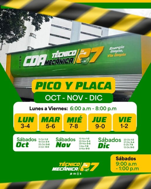 🚙 ¡Atención!
El Pico y Placa regirá a partir del 1 de octubre 📆
🕔 Lunes a viernes: 6:00 a.m. - 8:00 p.m.
🕘 Sábados: 9:00 a.m. - 1:00 p.m.

📍 Cra 27 #48-58, Barrio Sotomayor (frente a Eforsalud).
📞 312 2107034 - 6820593

✅ En Técnico Mecánica La 27 te ayudamos a rodar tranquilo y seguro.