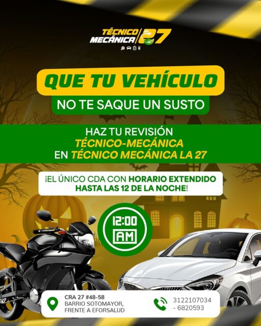 😱 ¡Que tu carro o moto no te dé el susto del año!
Haz tu revisión técnico-mecánica en Técnico Mecánica La 27, el único CDA con horario extendido hasta las 12 de la noche 🌙

📍Cra 27 #48-58, Barrio Sotomayor, frente a Eforsalud
📞 3122107034 – 6820593