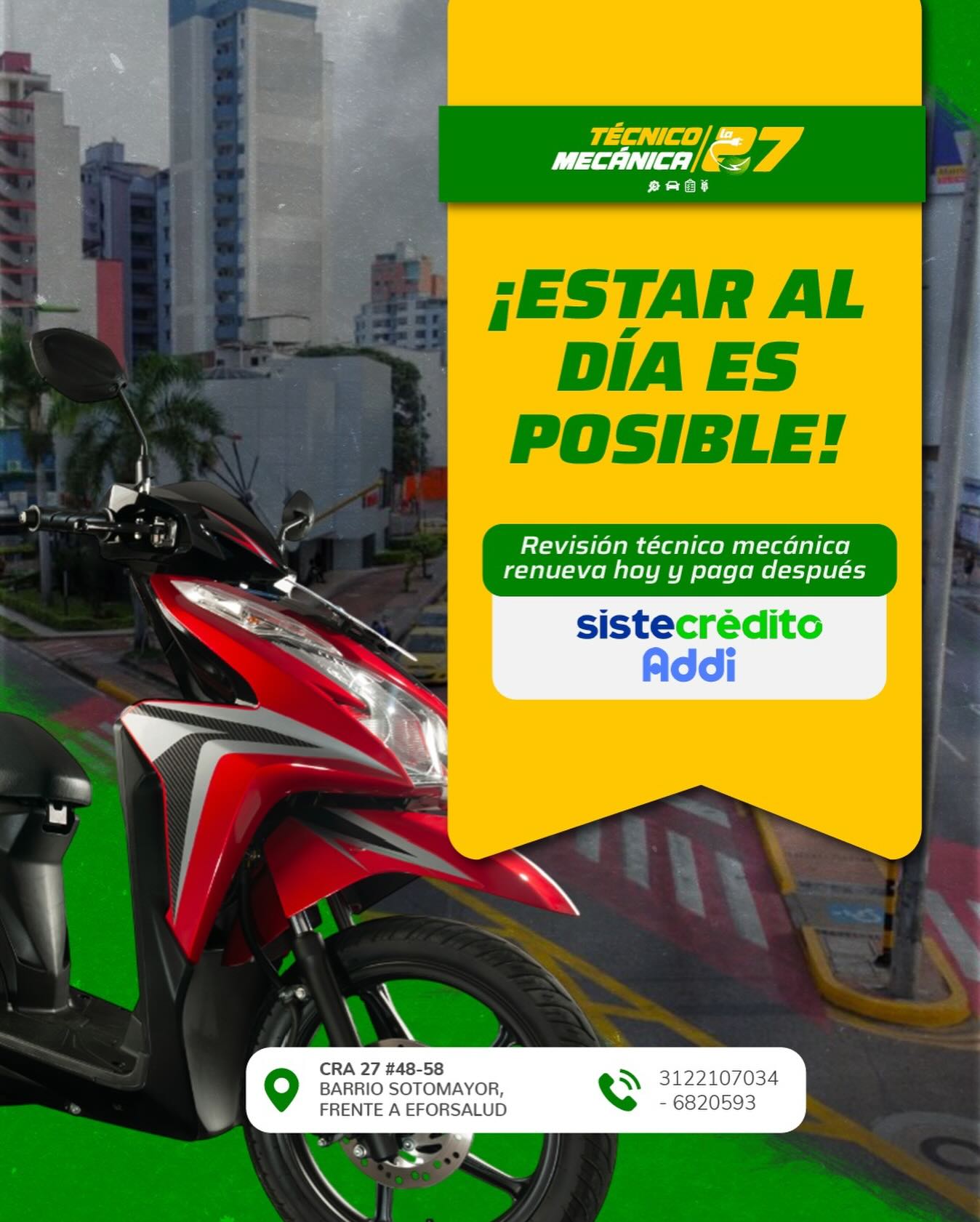 ✅ Estar al día SÍ es posible
Haz tu revisión técnico mecánica hoy y págala después.
🕕Tenemos servicio hasta las 12 de la noche🌙
Aceptamos Sistecrédito y Addi, para que transites sin preocupaciones.
📍 Cra 27 #48-58 – Barrio Sotomayor
📞 312 210 7034 – 682 0593
Frente a Eforsalud