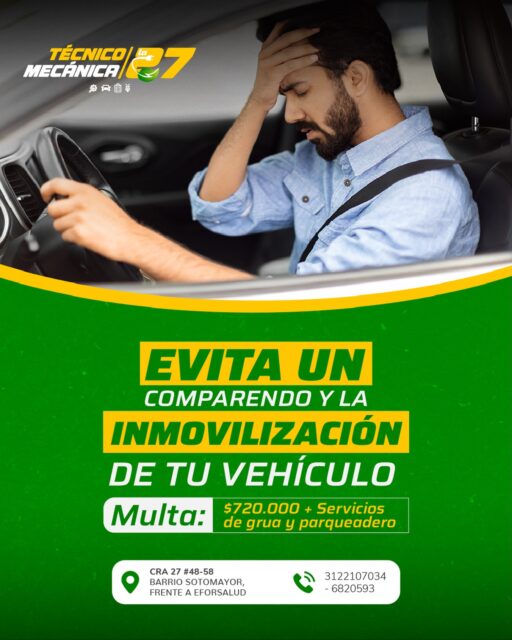 Una multa puede salirte MUCHO más cara de lo que imaginas 💸
No te arriesgues a comparendos ni a la inmovilización de tu vehículo.

Haz tu revisión a tiempo.
📍 Te esperamos en la 27
Cra 27 #48-58 – Barrio Sotomayor
📲 3122107034