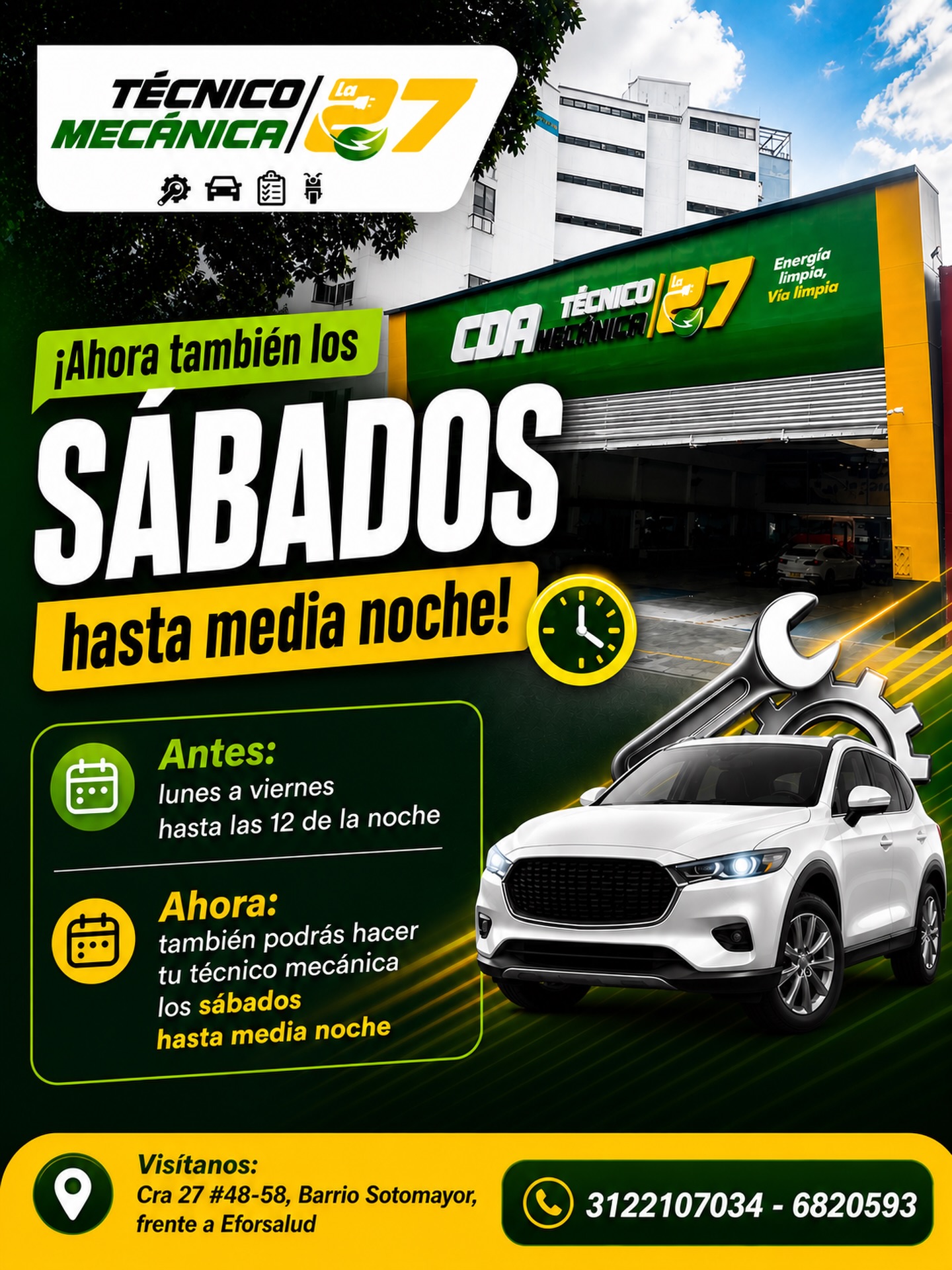 Ahora en Técnico Mecánica La 27 pensamos más en tu tiempo 👇

🔥 ¡Ahora también los SÁBADOS hasta media noche! 🔥

Antes solo atendíamos de lunes a viernes…
💥 Ahora también puedes hacer tu técnico mecánica los sábados sin correr ni pedir permisos.

⏰ Más tiempo, más facilidad, cero excusas.

📍 Visítanos: Cra 27 #48-58, Barrio Sotomayor (frente a Eforsalud)
📲 3122107034 - 6820593

💚 Rápido, confiable y sin filas largas.

#TecnicoMecanica #CDA #RevisionTecnicoMecanica #Bucaramanga Sotomayor Vehiculos ServicioAutomotriz Sabados SinExcusas 🚘