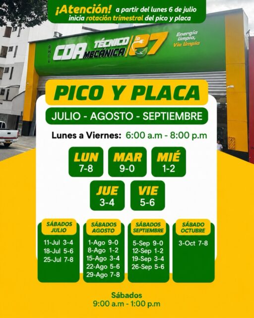 🟢🟡 ¡Ojo conductores!

Te compartimos la nueva rotación del pico y placa para julio, agosto y septiembre. Guarda esta publicación y consúltala cuando la necesites. 📲

🚘 Mantener tu vehículo al día no solo evita sanciones, también protege tu seguridad y la de quienes te acompañan.

📍 Te esperamos en CDA Técnico Mecánica La 27.