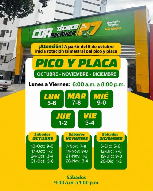 🚨 ¡Atención conductores! Nueva rotación de Pico y Placa.
Desde el 5 de octubre cambian los dígitos asignados para cada día de la semana durante octubre, noviembre y diciembre.
📅 Revisa también la programación de los sábados y evita que un descuido cambie tus planes.
Guarda este post, compártelo y ten siempre presente qué día puedes circular. 🚗✅
Y recuerda: en Técnico Mecánica La 27 contamos con horarios amplios para que puedas realizar tu revisión técnico-mecánica sin complicarte.
💚 La vía más segura empieza con un vehículo al día.